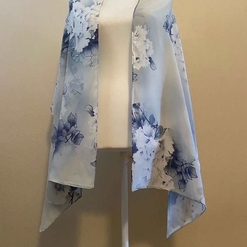 100% Silk Hand Stitched Floral Blue and Gray Oblong Scarf